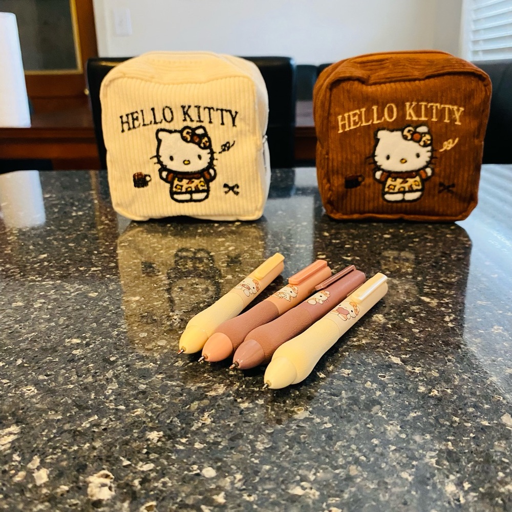 Sanrio Hello Kitty Brown and White Corduroy Pouch + Pastel Pink Beige Pens